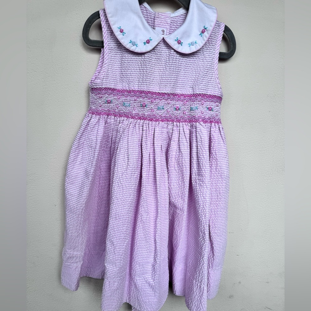 Pink seersucker smocked embroidered girls dress